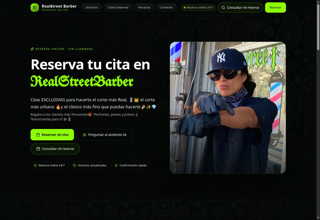 Vista de la página de reservas de RealStreet Barber